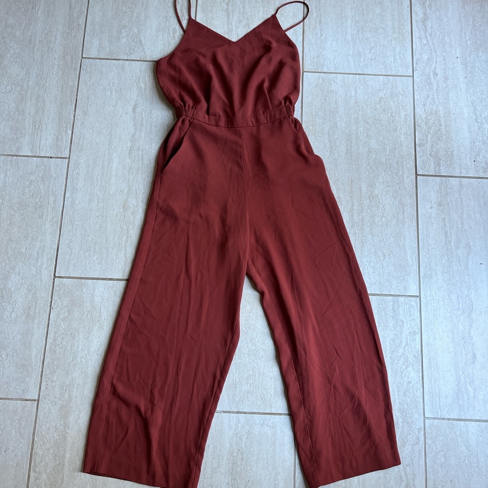 Uniqlo Brick Red Spaghetti Strap Jumpsuit Wide Leg Pockets Size S